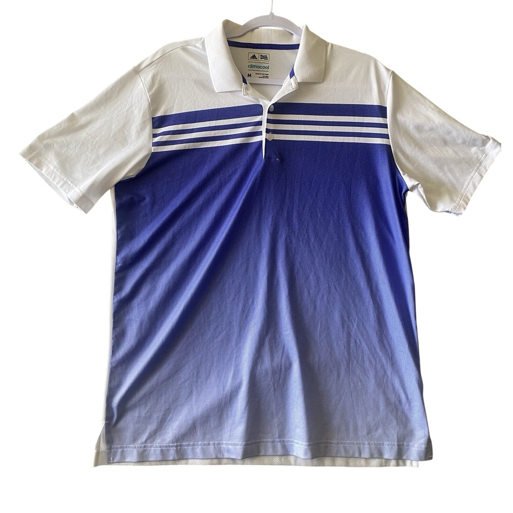 Adidas Golf Climacool Polo Shirt Mens Medium White Blue Striped Gradient Snag - Picture 1 of 5